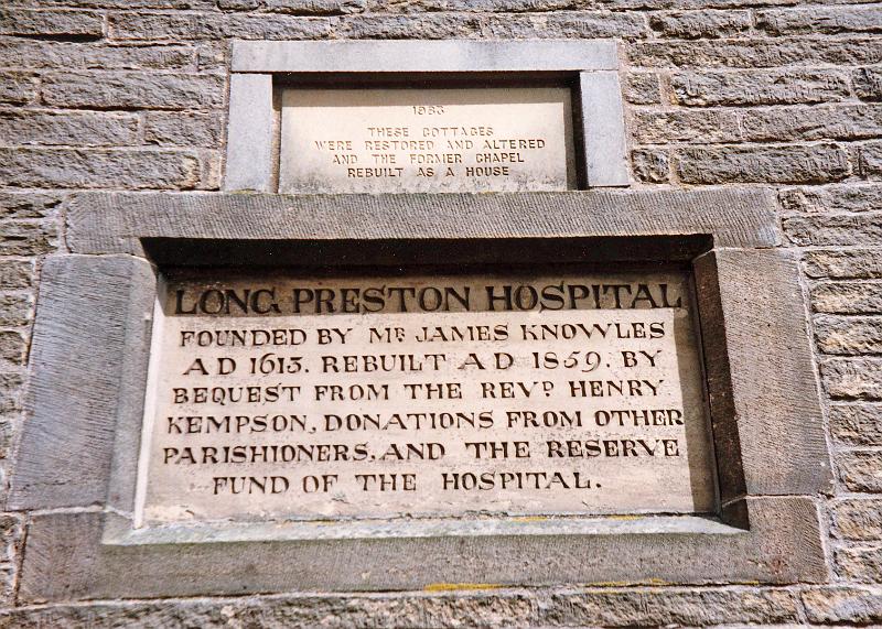 Knowles Hospital Plaque.jpg - Plaques on the end wall of Knowles Hospital - 1859 & 1983  "Long Preston Hospital founded by James Knowles AD 1613,  Rebuilt AD 1859 by bequest from the Rev'd Henry Kempson,  donations from other parishioners, and the reserve fund of the Hospital."  "1983 - These cottages were restored and altered and the former chapel rebuilt as a house."
